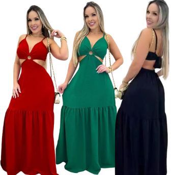 Vestido Longo Feminino Elegante De Argola Modelo Alcinha Regulável Moda Verão