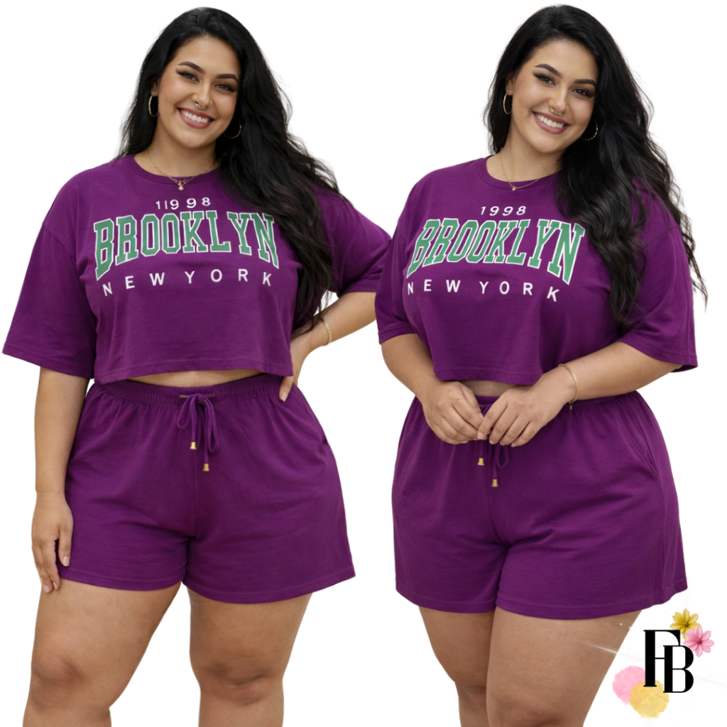 Conjunto Feminino do 38 ao 54 Plus Size Estiloso Cropped e Short 100% Algodão Verão Roxo Estampado em Oferta na Shopee