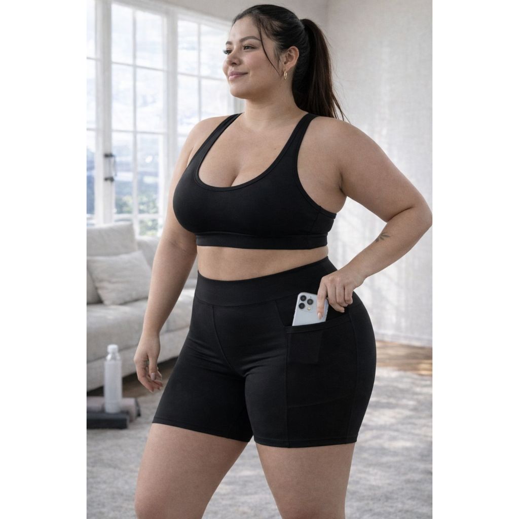 Conjunto Fitness Feminino Plus Size Cintura Alta Short com Bolso Suplex Compressão Academia G1 ao G3 em Oferta na Shopee