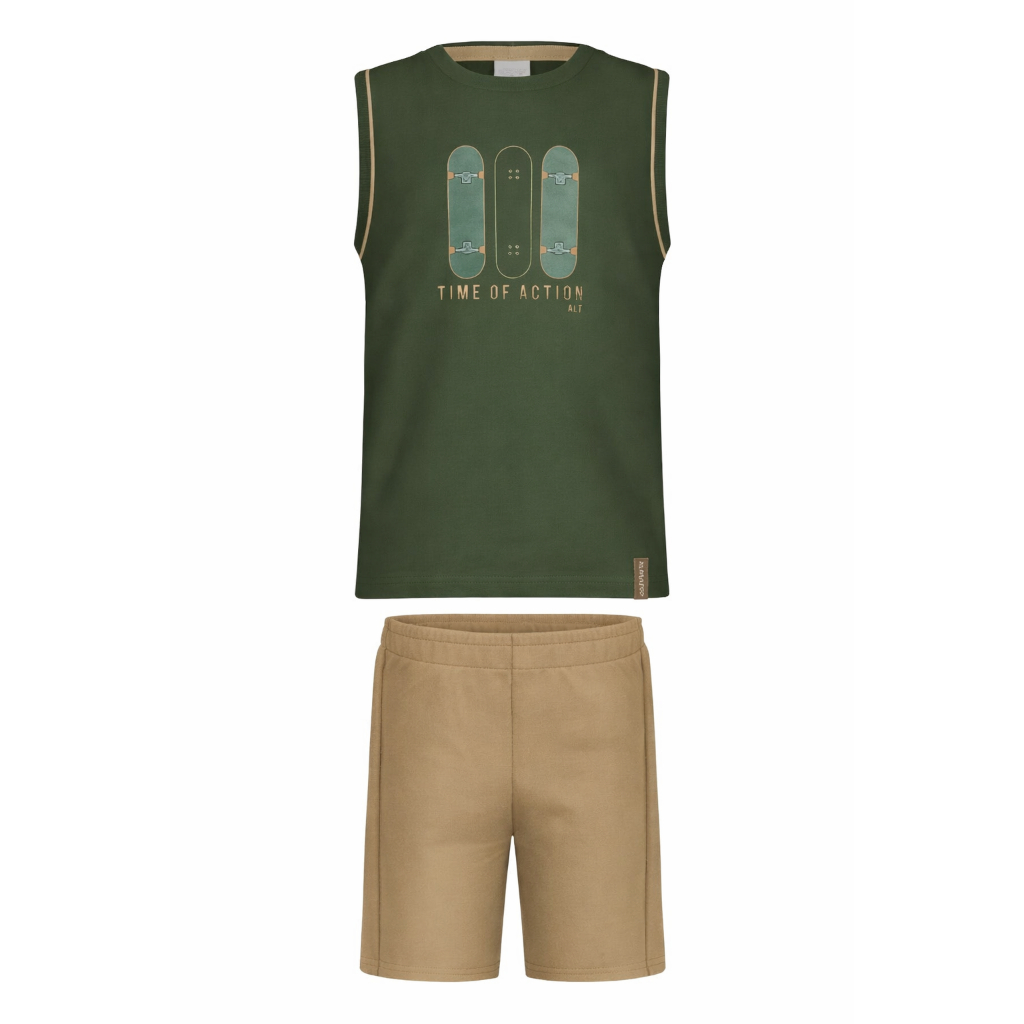 Regata Infantil Menino Conjunto Alakazoo Com Bermuda Verão Regata Verde e Bermuda Bege
