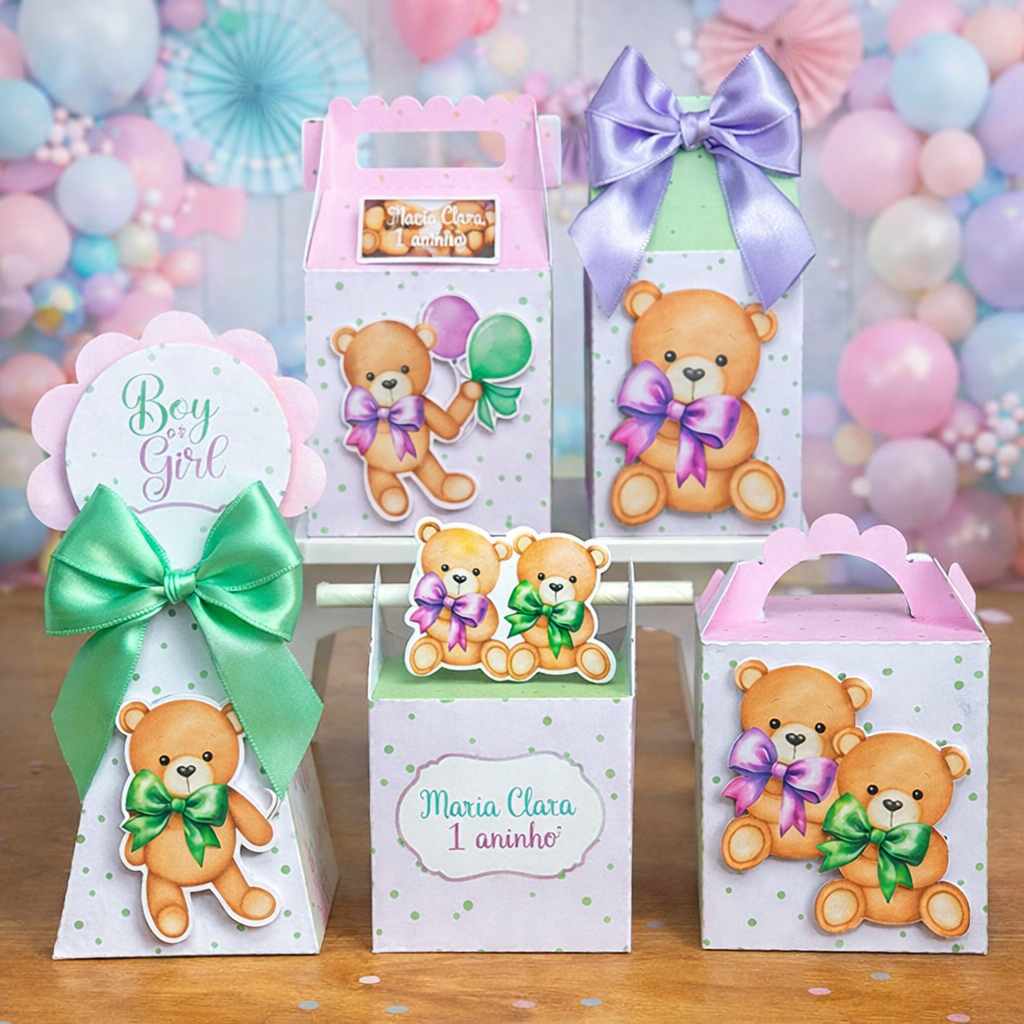 Kit Caixinhas Personalizadas Chá Revelação Lilás e Verde | Pegue e Monte | Lembrancinha Aniversário e Festa Infantil