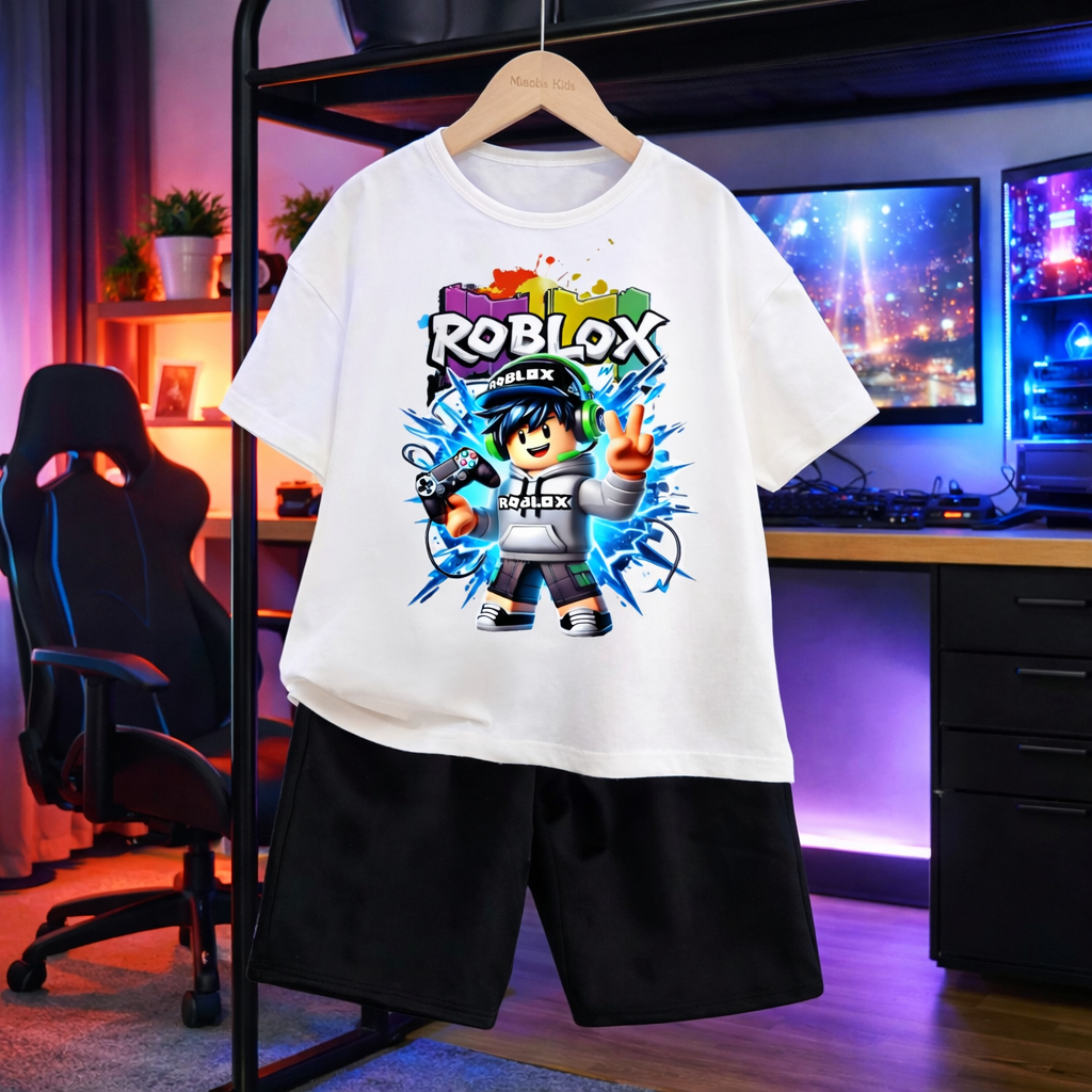 Conjunto Infantil Short Moletinho Camiseta manga Curta 100% Algodão Estampa Gamer Roblox Mario Menino Estiloso