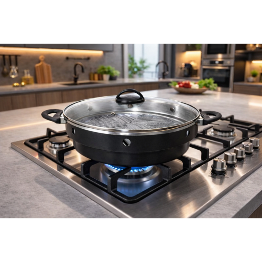 Imagem CHURRASQUEIRA GRILL n*32 CM  DE BOCA DE FOGÃO A GÁS COM TAMPA DE VIDRO GRELHA DE ALUMÌNO FUNDIDO 5mm