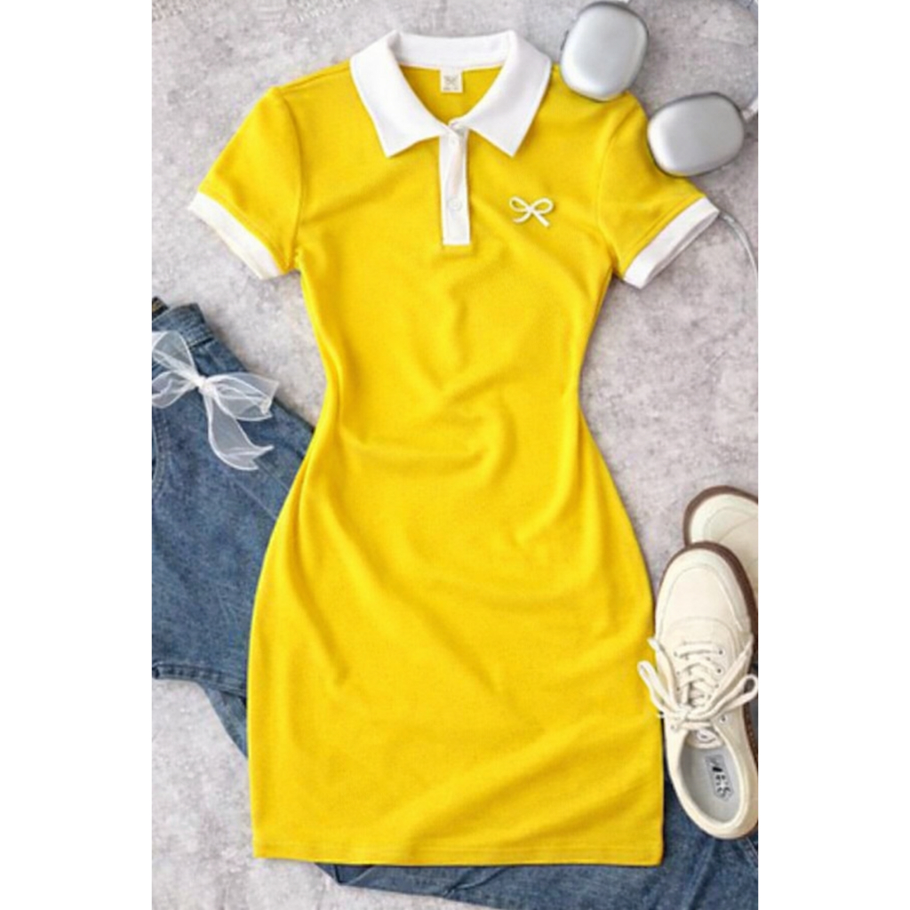 Vestido Polo, Bicolor em Ribana de Algodão – Conforto que Abraça o Corpo com Estilo Delicado em Oferta na Shopee