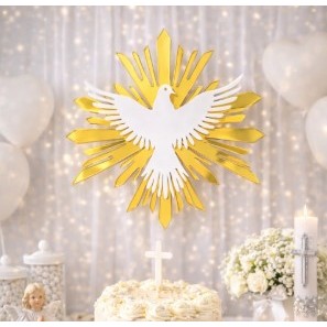Painel de Festa Batizado – Divino Espírito Santo Espelhado: Graça e Brilho para seu Evento Sagrado!