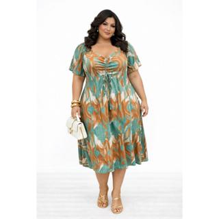 Vestido Plus Size Midi Estampa Tropical  – Decote V e Amarração na Cintura em Oferta na Shopee