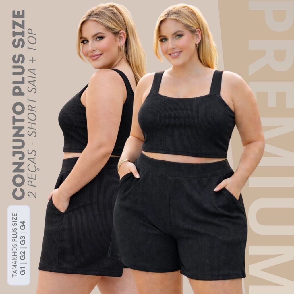 Conjunto Plus Size Curve Cintura Alta Com Bolsos Short Ribana + Top Alça Larga Modelador em Oferta na Shopee