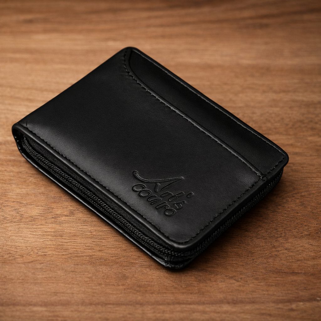 Carteira Masculina Couro Legítimo Bolso Externo com porta cartão  fechamento zíper Linha Basica presente homem namorado