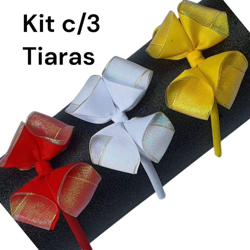 Tiara Infantil Laço Organza Gorgurão arco encapado 3 unidade de Laço com fita dupla brilho dourado