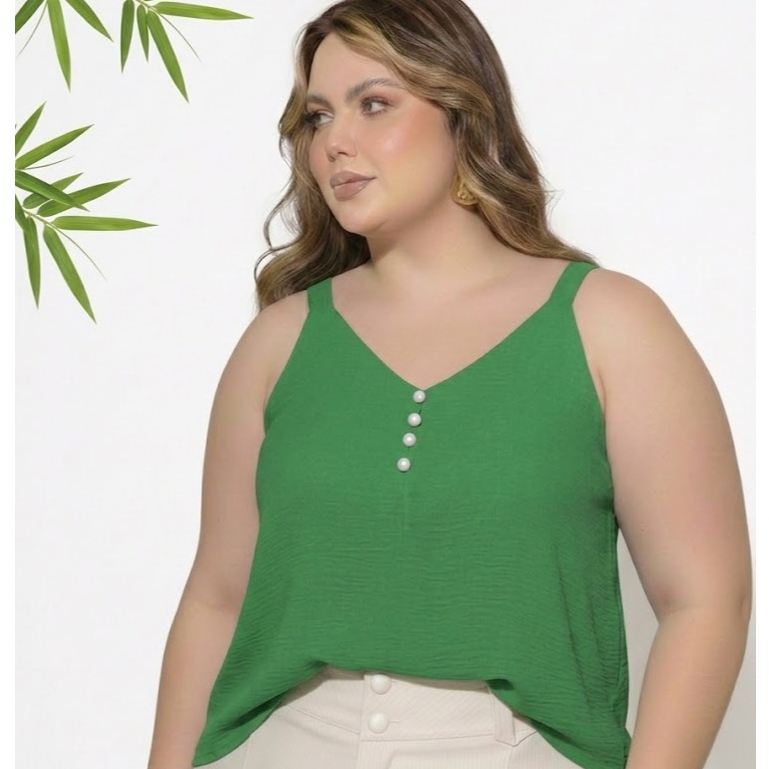 Blusa Regata Feminina Plus Size Alça Larga Botões Pedraria Pérola Blusa Estilosa Duna G GG G1 em Oferta na Shopee