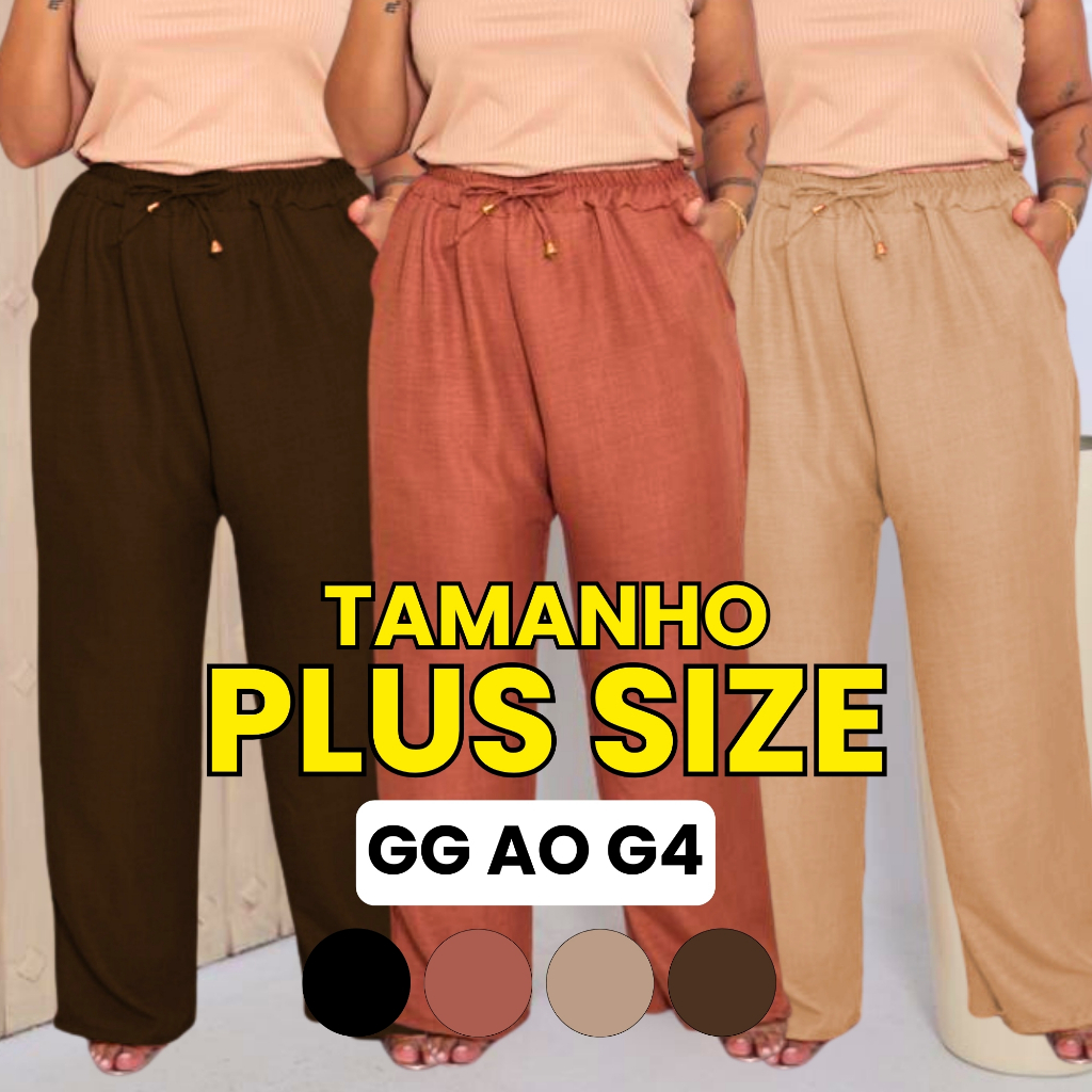Calça Feminina Plus Size Pantalona Tecido Duna Linho Cintura Alta Moda Casual G1 ao G6 em Oferta na Shopee