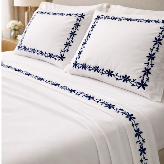 Jogo de Lençol Bordado Percal 400 Fios Casal/Queen/King 4 Peças com Elástico Macio Luxo