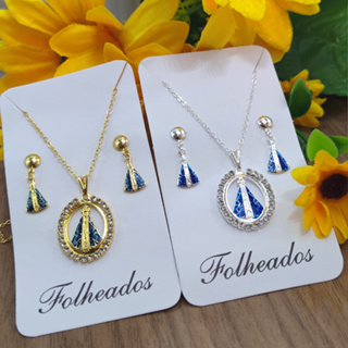 Colar e Brincos Nossa Senhora de Aparecida Folheados A Prata 925 - Ouro 18k em Oferta na Shopee