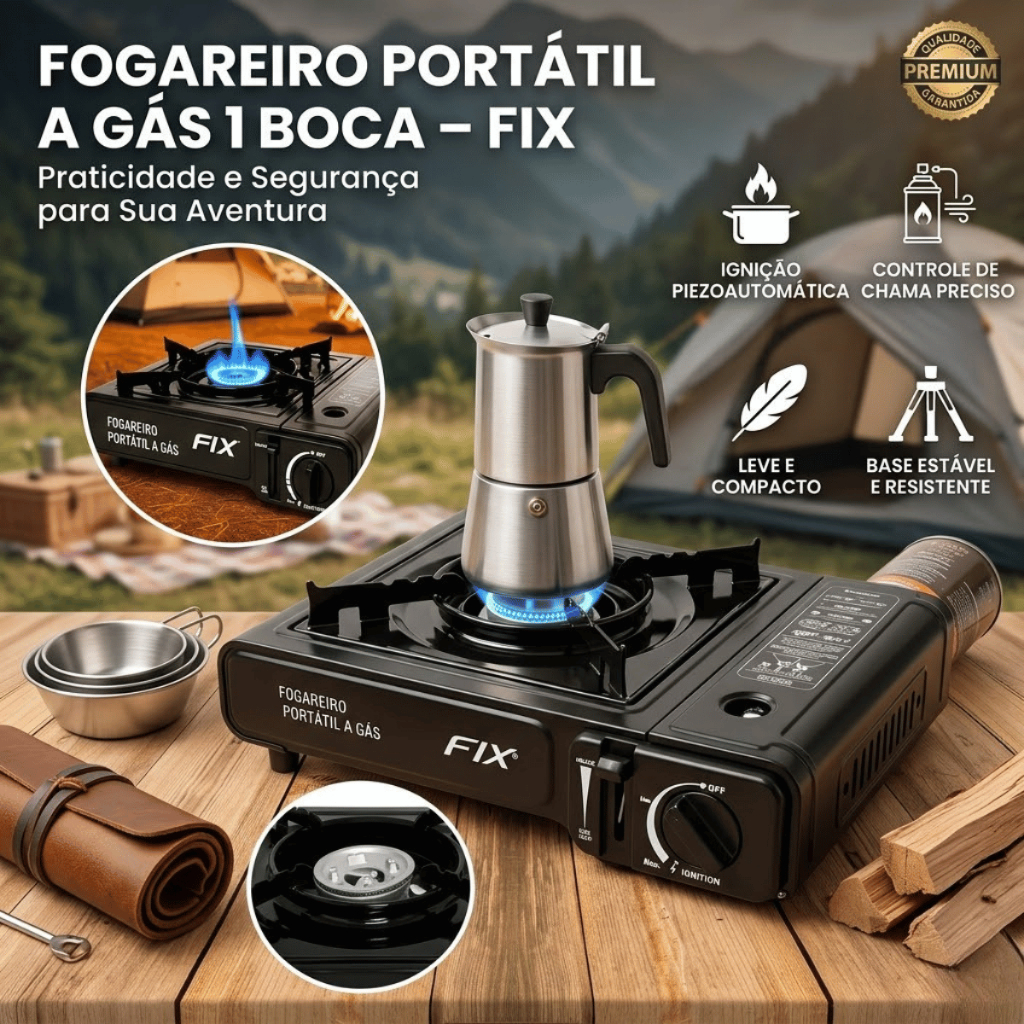Fogareiro Portátil a Gás 1 Boca – FIX / Camping / Viagem / Cozinha Externa / Churrasco / Aventura
