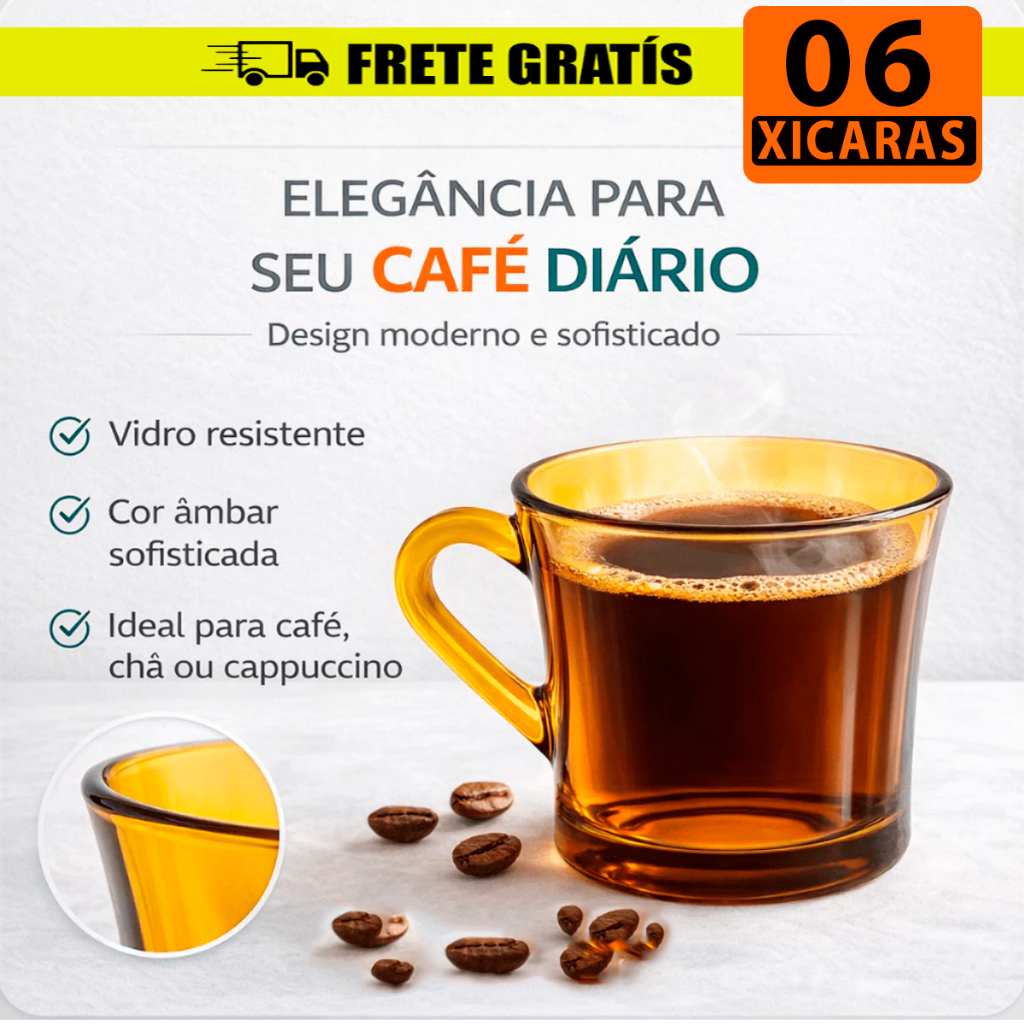 Jogo de Xicara 6 Peças 200ml SINO AMBAR Escura Marrom Vidro Chá Café Conjunto Louça Classica