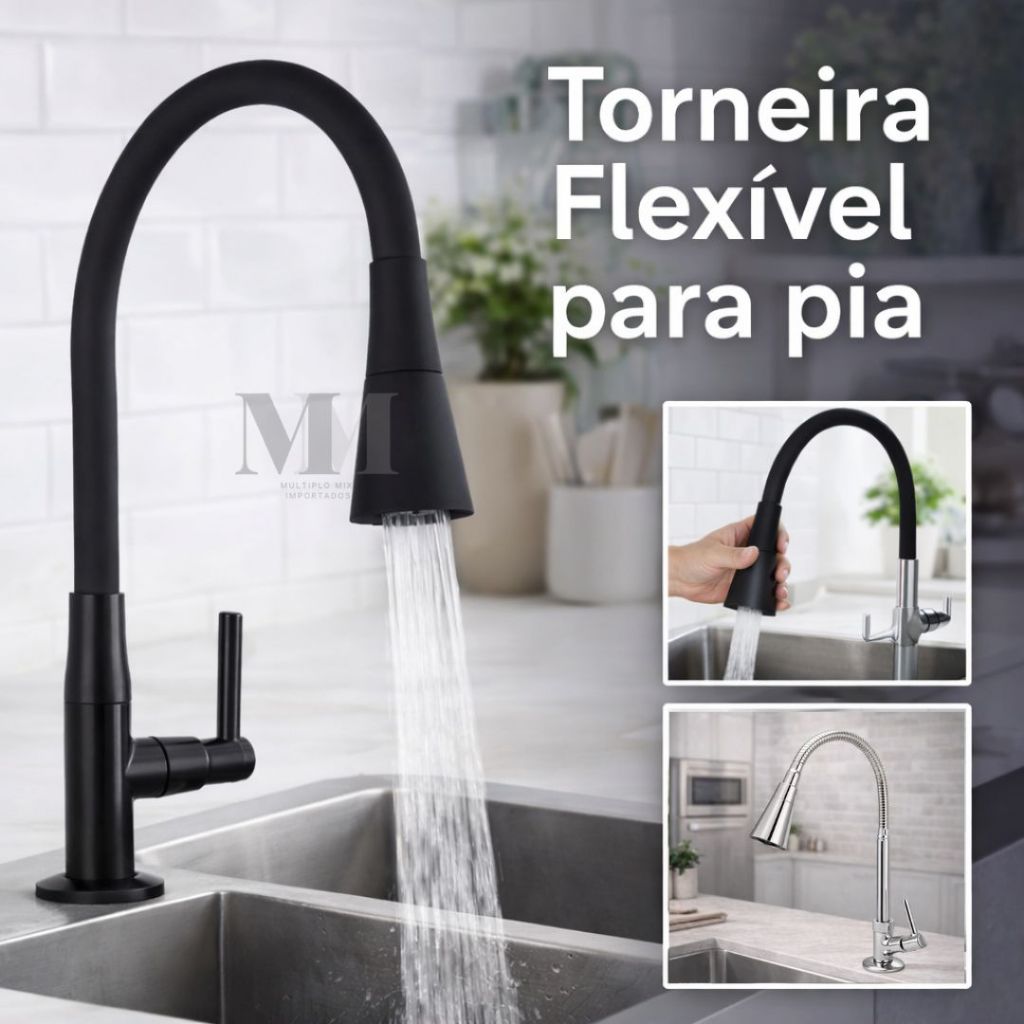 Torneira Flexível Para Cozinha Modelos Variados Bancada Ou Parede Gourmet Preta 1/4 De Volta