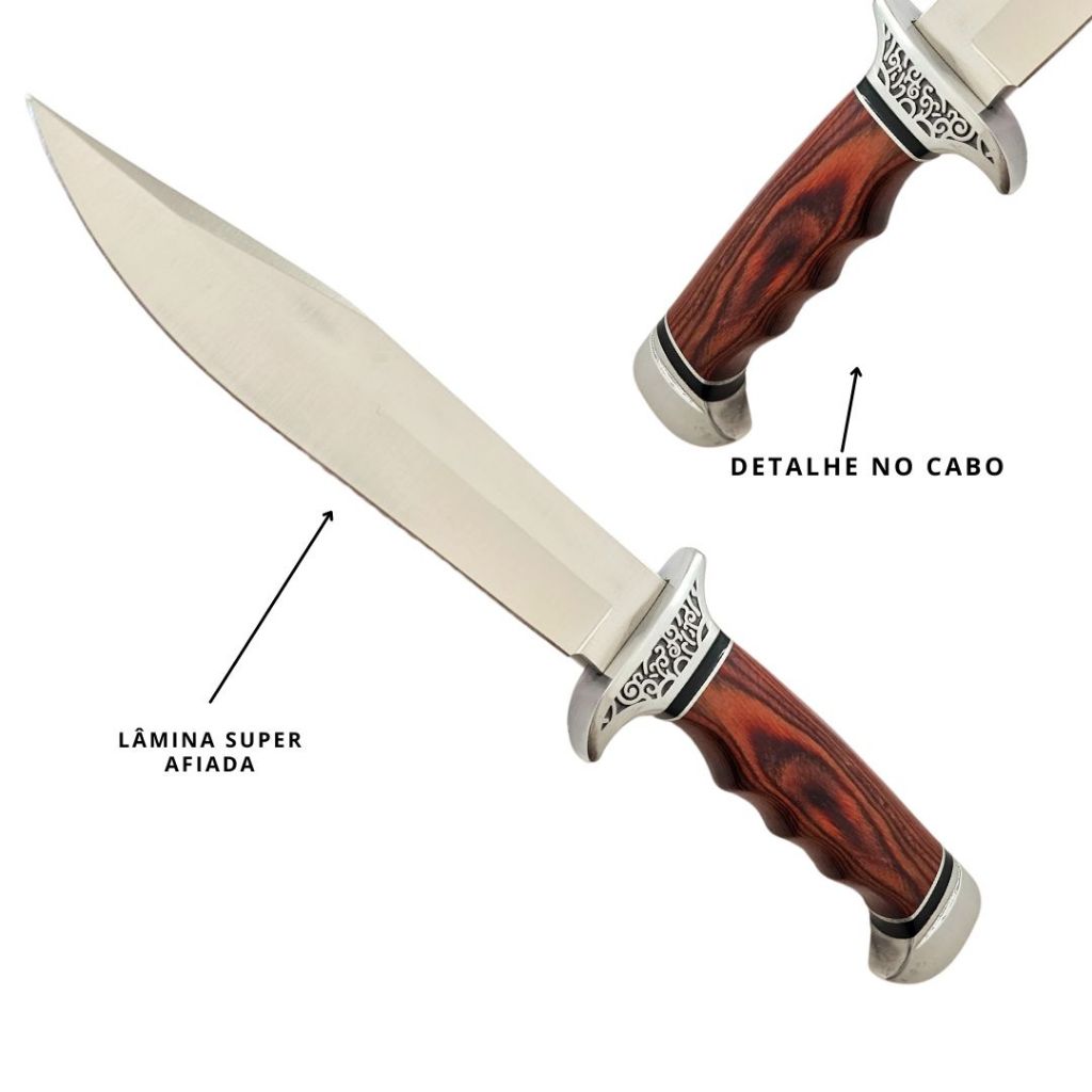 Faca Churrasco Aço Inox Com Bainha Cabo Madeira Trabalhado Guarda Trabalhada Pomo Metal