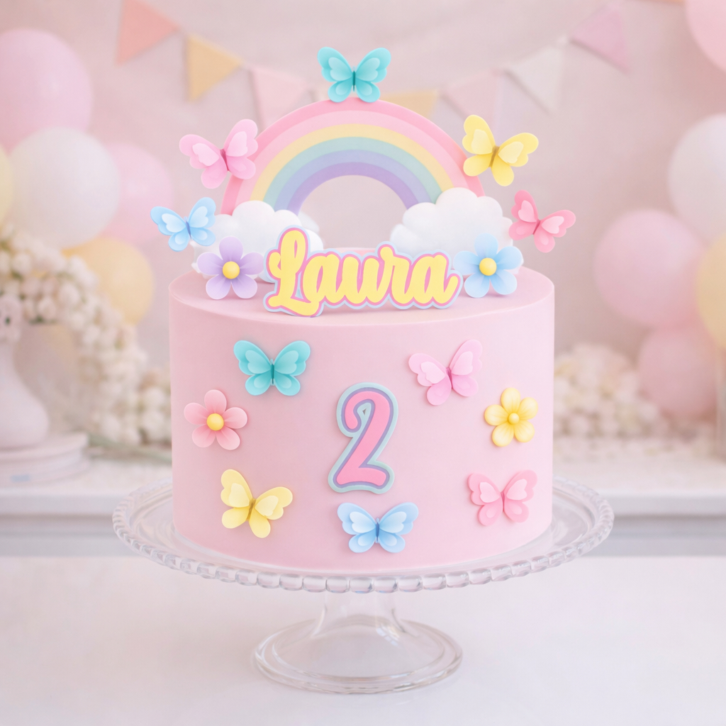 Topo de Bolo Jardim Encantado Borboletas Topper Personalizado Aniversário Mesversario Margarida