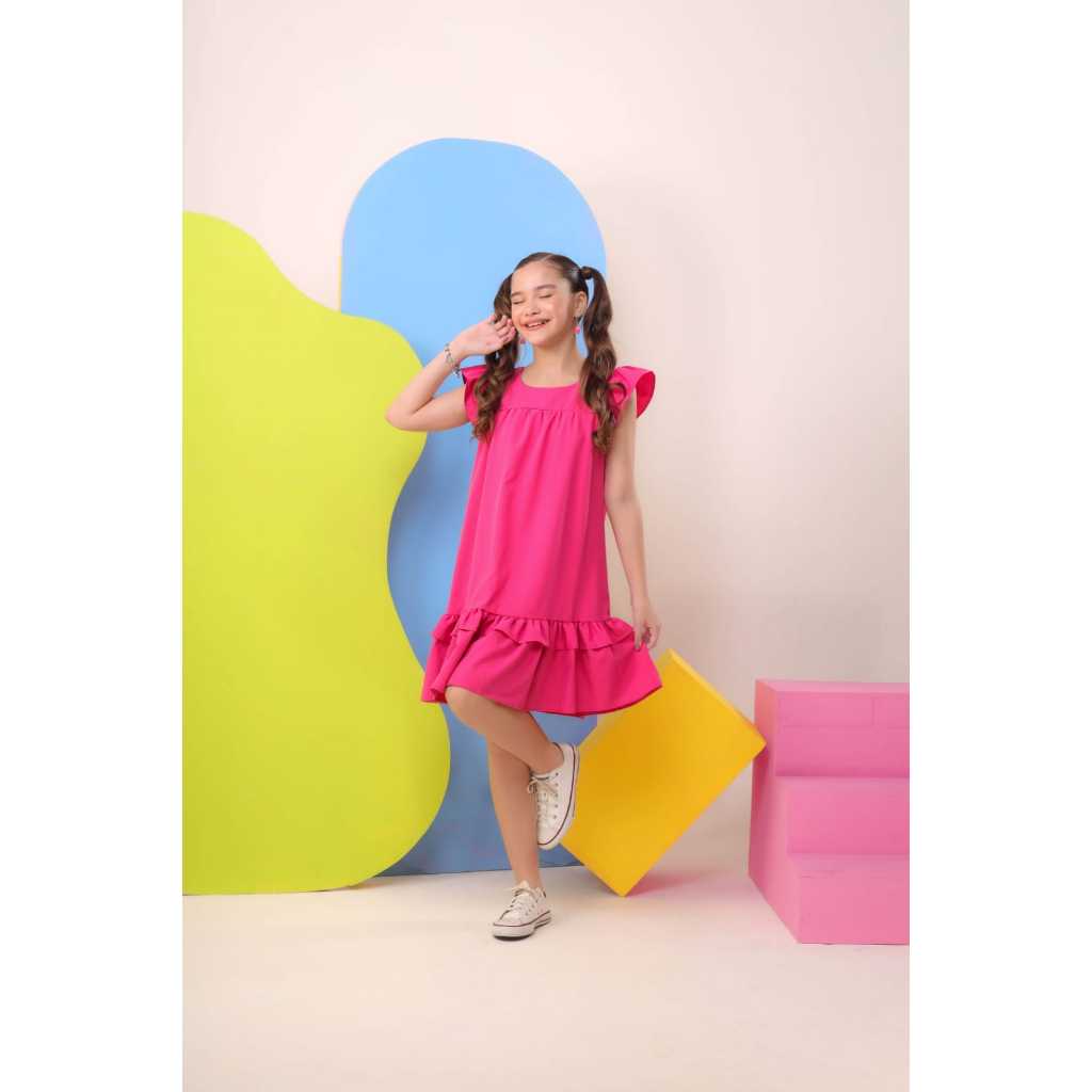 Vestido Lara Pink Liso Rodado Solto Infantil e Juvenil 01 ao 14 anos Modinha Menina Festa Casual