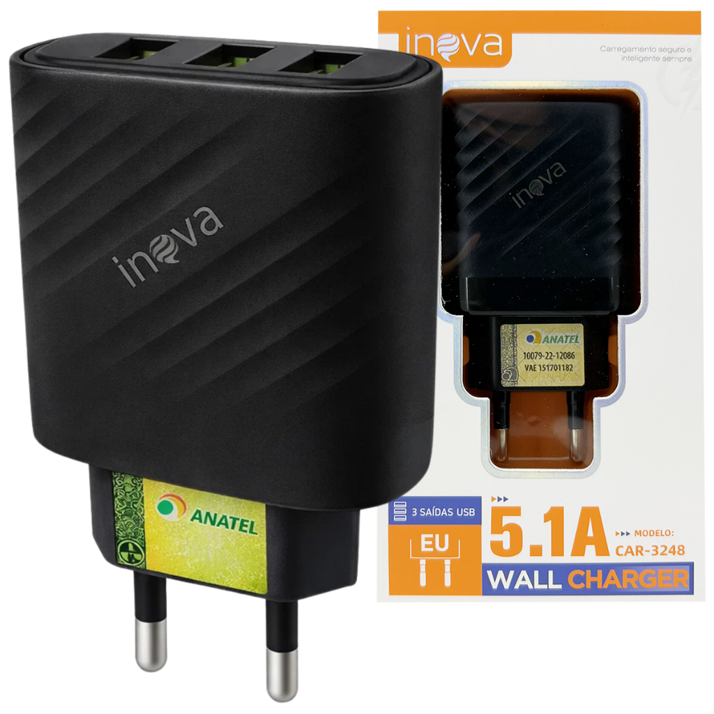 Carregador Celular USB 3 Entradas Fonte Tomada 5.1A Preta em Oferta na Shopee