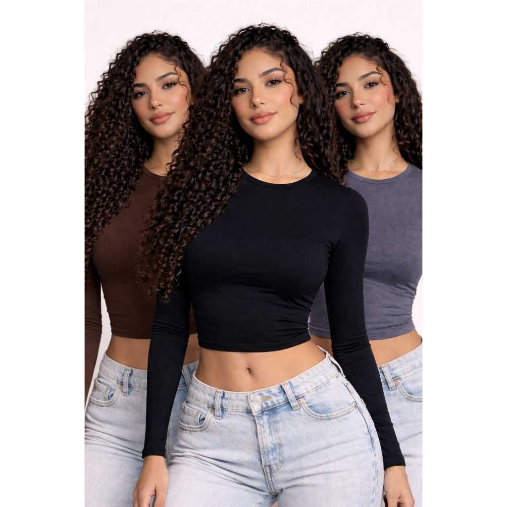 Kit 3 Blusas Feminina Manga Longa Baby Tee Slim Compressão Tendência Blogueira Dia a Dia Versátil