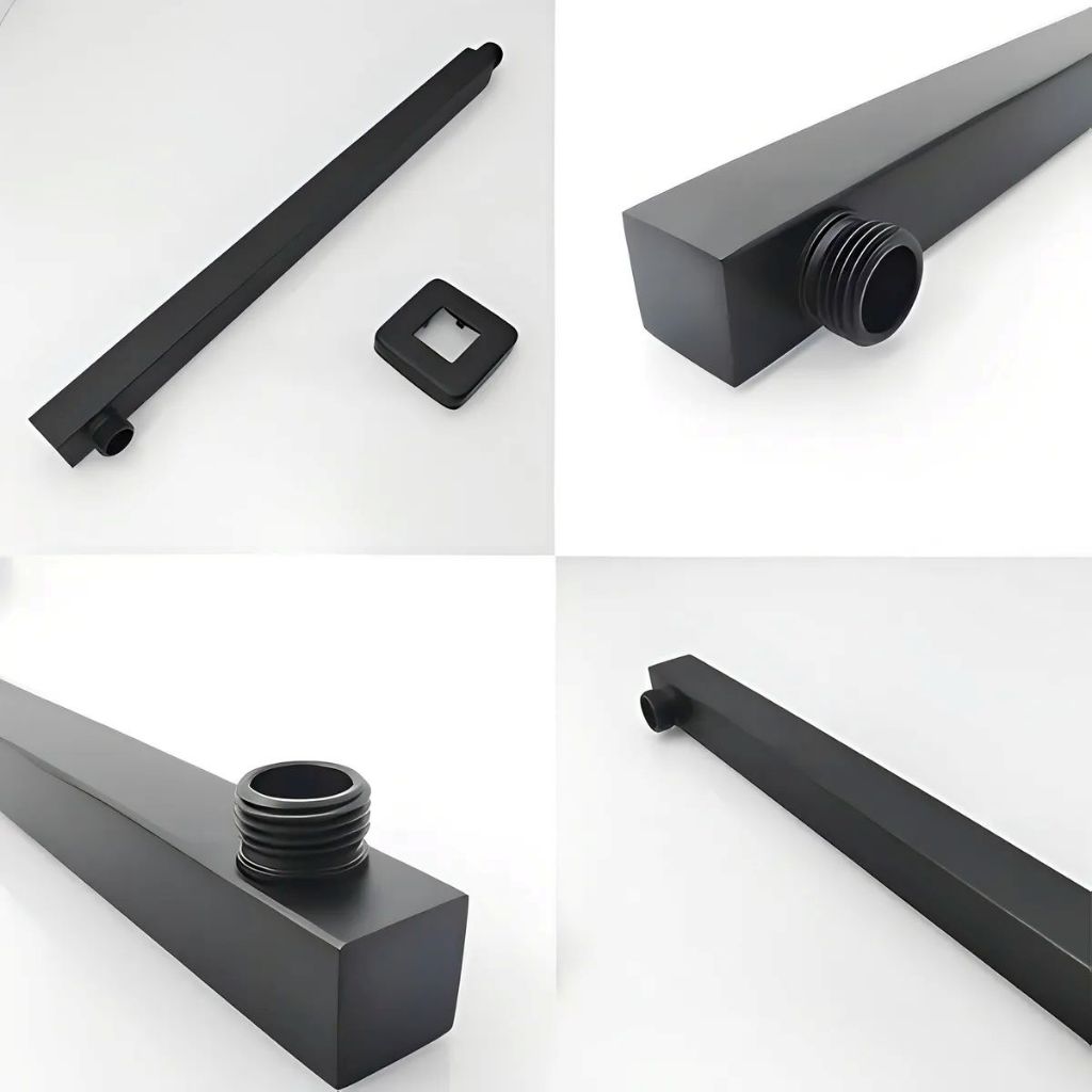 Braço Cano Quadrado Chuveiro Crivo Ducha Metal Preto Fosco 40cm