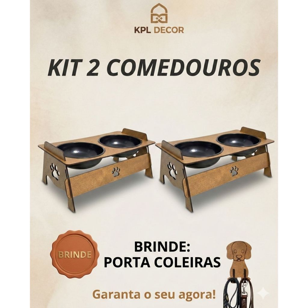 kit 2 unidades comedouro pet elevado mdf resistente gato cachorro agua e ração + SUPORTE COLEIRA