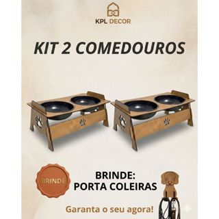 kit 2 unidades comedouro pet elevado mdf resistente gato cachorro agua e ração + SUPORTE COLEIRA em Oferta na Shopee