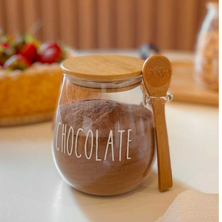 Pote hermético de vidro Bojudo Chocolate c/ tampa e colher de bambu 650ml em Oferta na Shopee