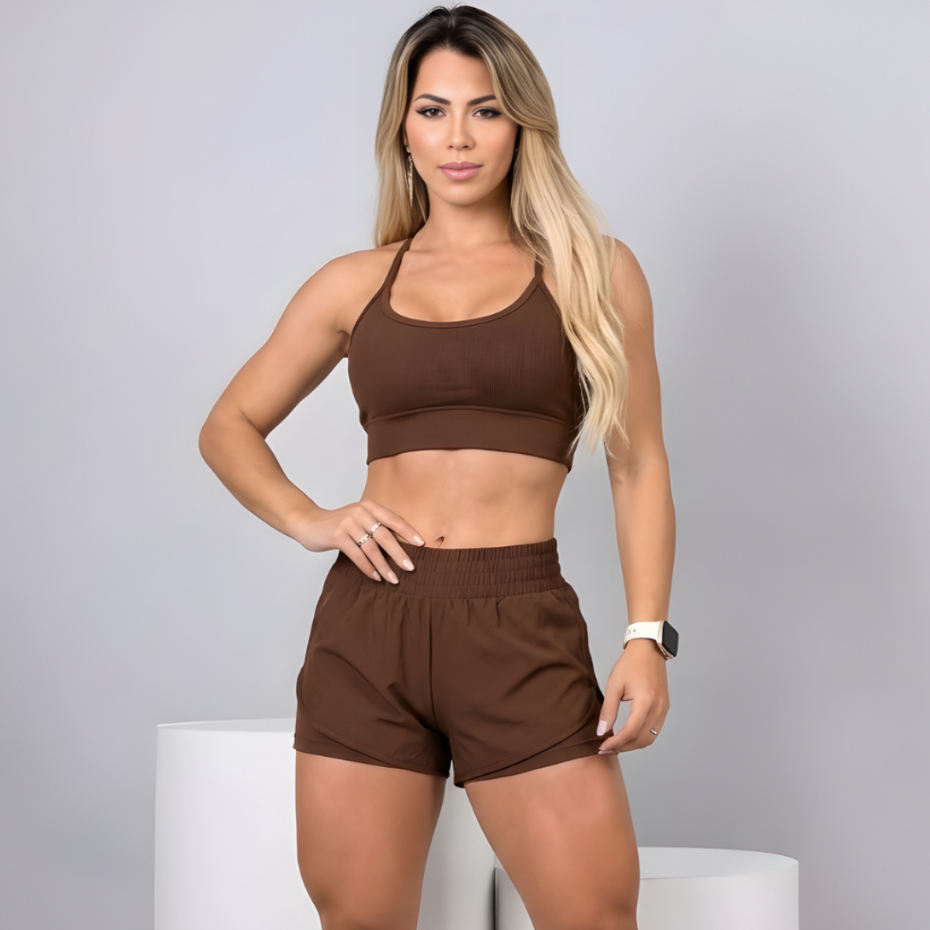 Conjunto Fitness Feminino Short Duplo Suplex Cintura Alta Academia Treino Yoga Corrida Zero Transparência