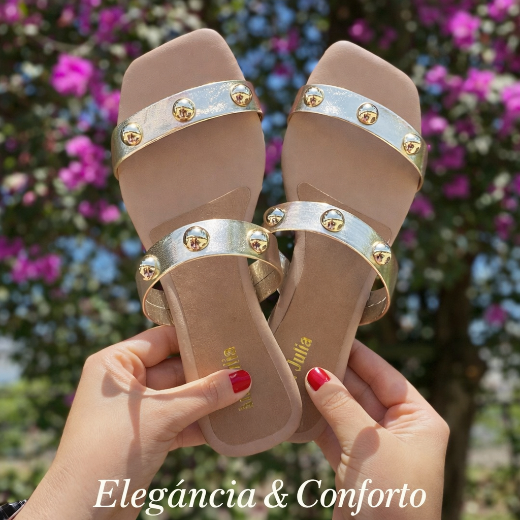 Sandália Rasteira Feminina Luxo Confortável Moderna com Detalhes Metalizados