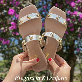 Sandália Rasteira Feminina Luxo Confortável Moderna com Detalhes Metalizados