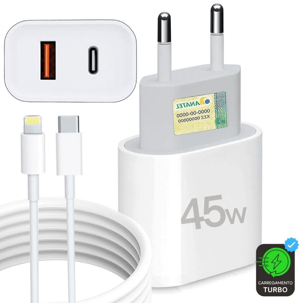 Kit Carregador iPhone Turbo 45W 2 Entradas USB e USB-C + Cabo Ultra Rápido 6 7 8 X XR XS 11 12 13 14 em Oferta na Shopee