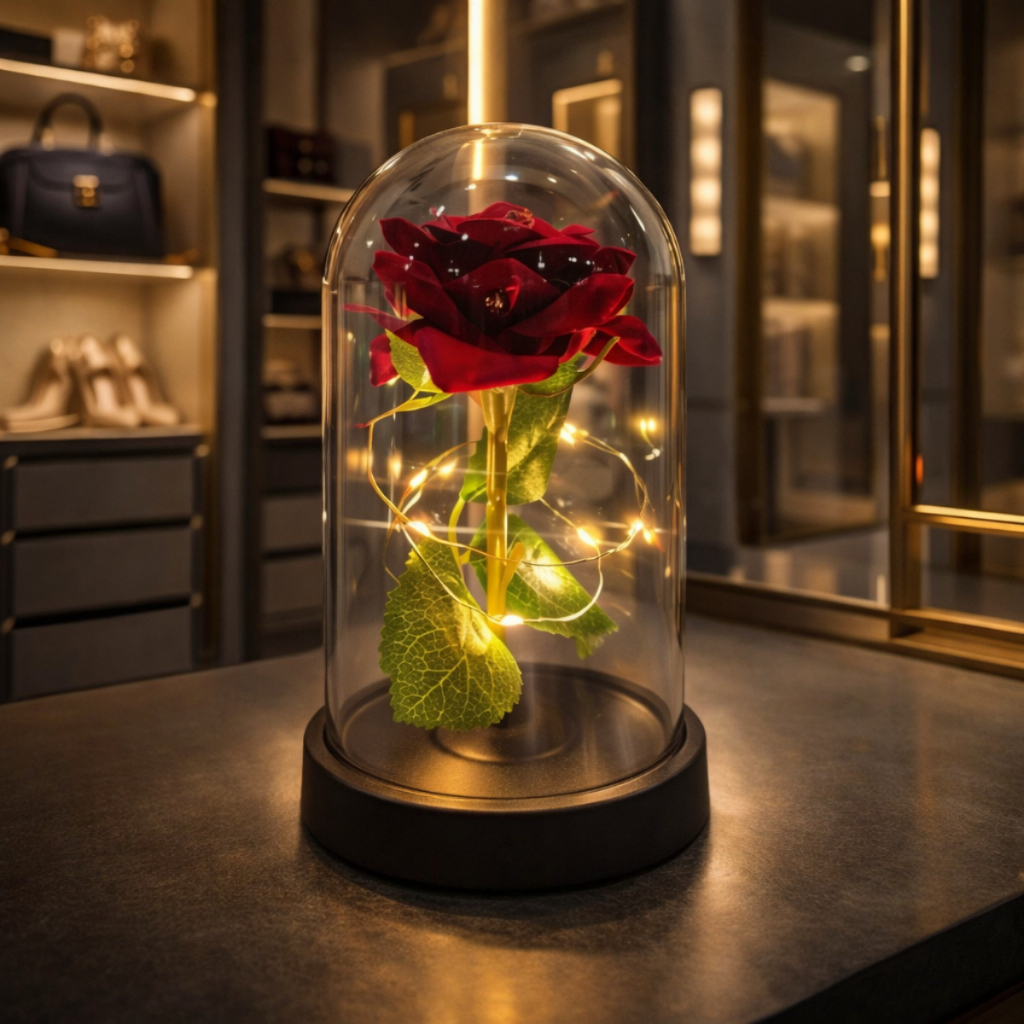 Rosa Encantada com Luz LED - Flor Eterna Decorativa em Cúpula de Acrílico Dia dos Namorados Mães