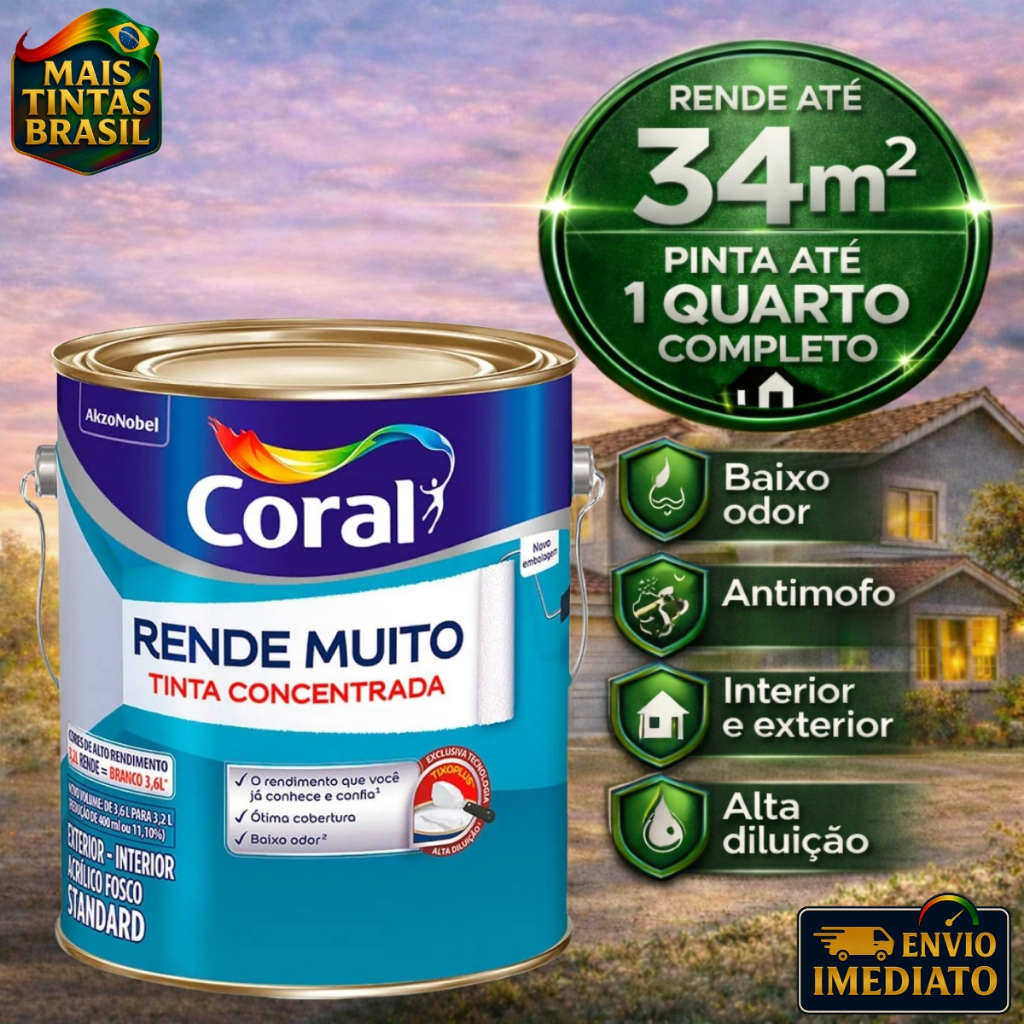 Tinta Acrílica Coral Rende Muito 3,2L e 3,6L Fosca Lavável Standard Rendimento Secagem Rápida, Cores
