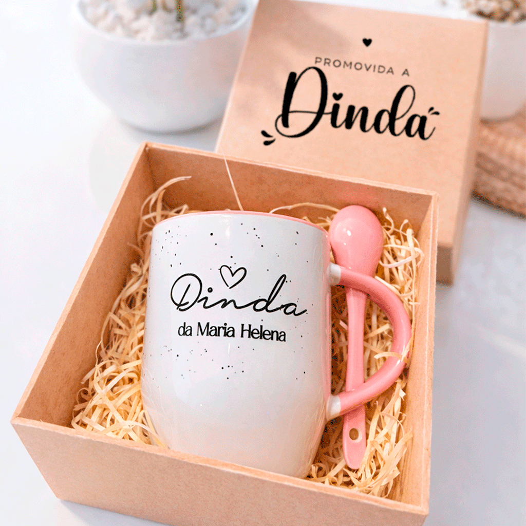 Kit Caneca Personalizada Dindo ou Dinda + Caixa Presente | Convite Padrinho Madrinha