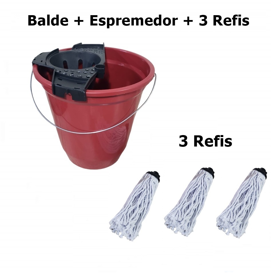 Kit 3 Refis Mop Esfregao Algodao + Balde 13 Litros Especial Limpeza + Espremedor - MAIS VENDIDO