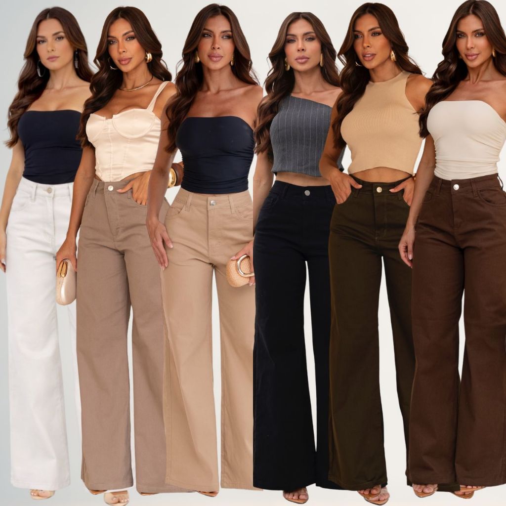 Calça Wide Leg Feminina Sarja Cintura Alta Alfaiataria Conforto Elastano em Oferta na Shopee