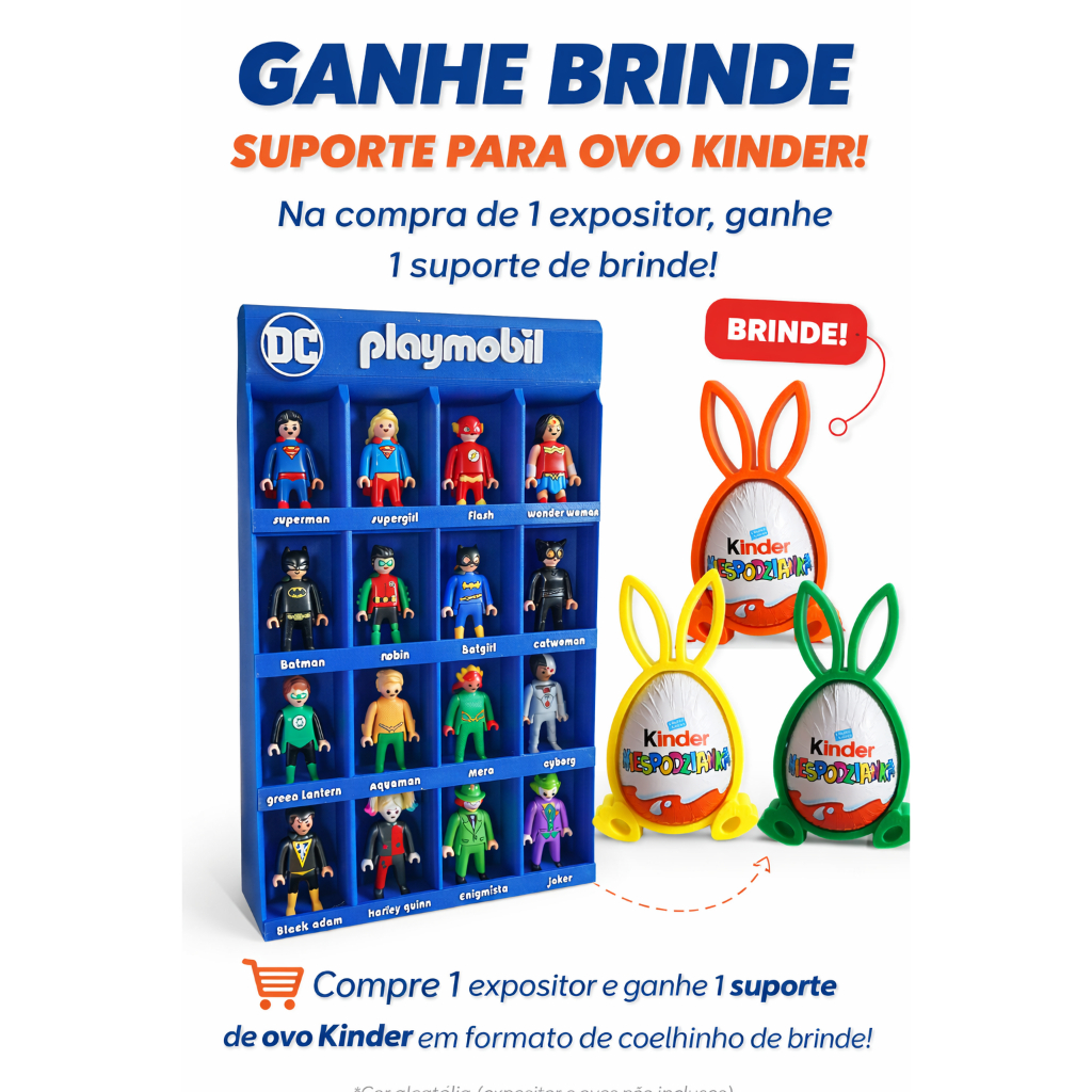 Expositor Playmobil Kinder DC 16 Personagens | Prateleira Display Para Bonecos Colecionáveis