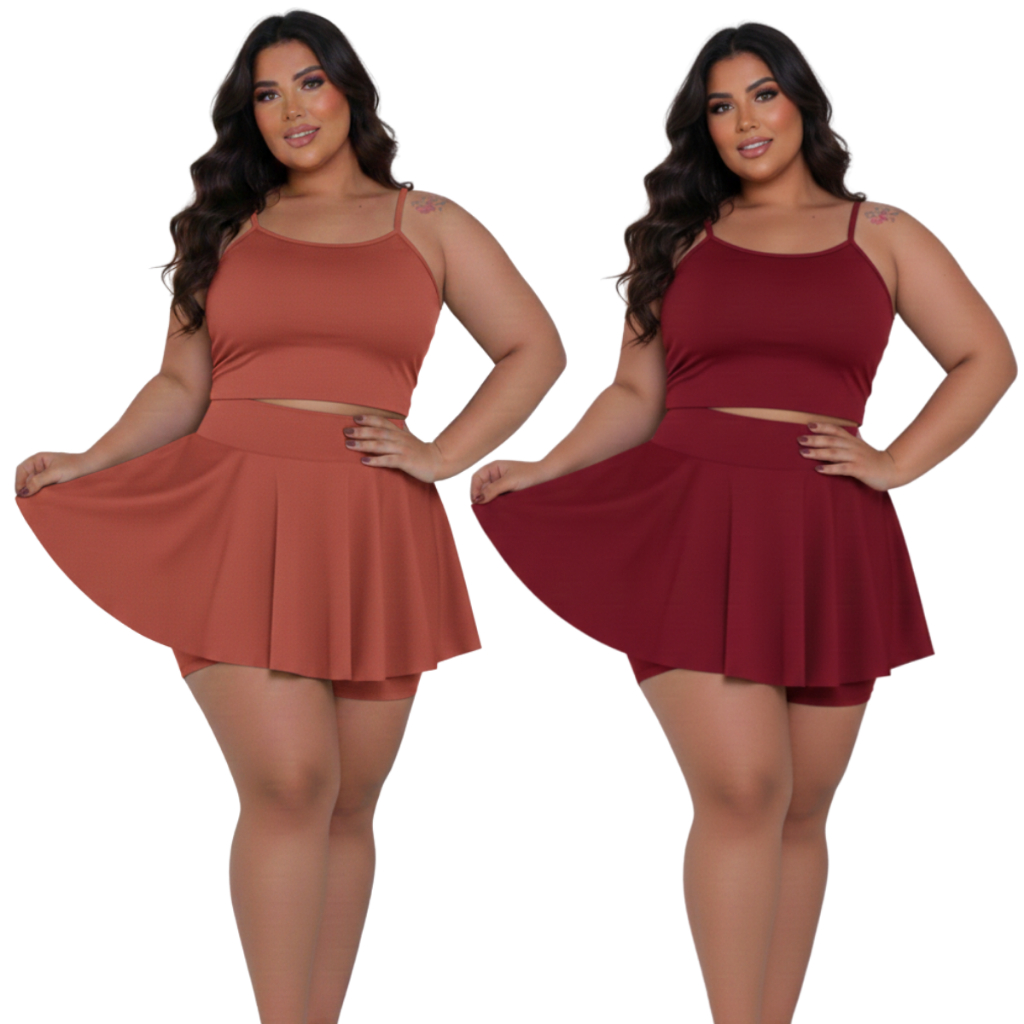 Kit 2 Conjuntos Feminino Plus Size Cropped Alcinha e Saia Short Rodada Moda Verão Casual Confortável do GG aoG3 Academia