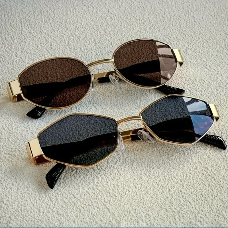 Óculos de Sol Feminino Miu Tendência Armação Metálica Ouro Luxo Retrô Vintage Blogueira Y2K Modelo Oval Poligonal