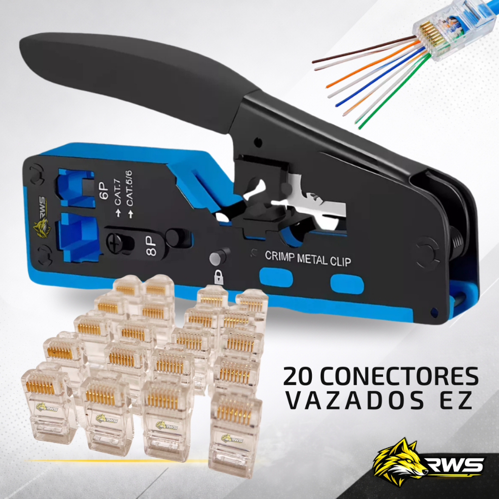 Kit Alicate Crimpar Rj45 Vazado Rj11 Cat5 Cat6 Cat7 + 20 Rj45 Ez Profissional e Robusto