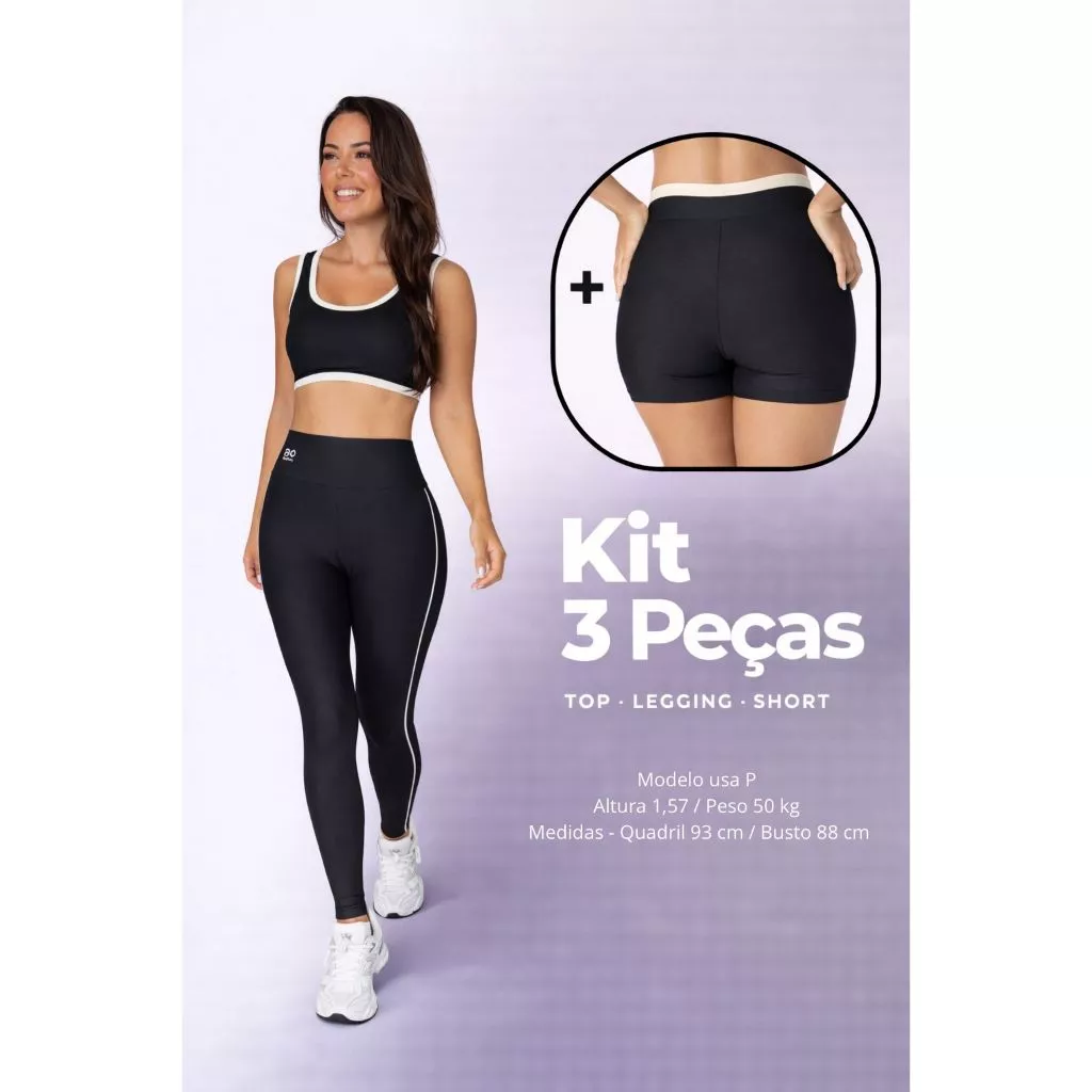 KIT 3 PEÇAS TOP, SHORTS E LEG PRETO cor contrastante — imagem 1