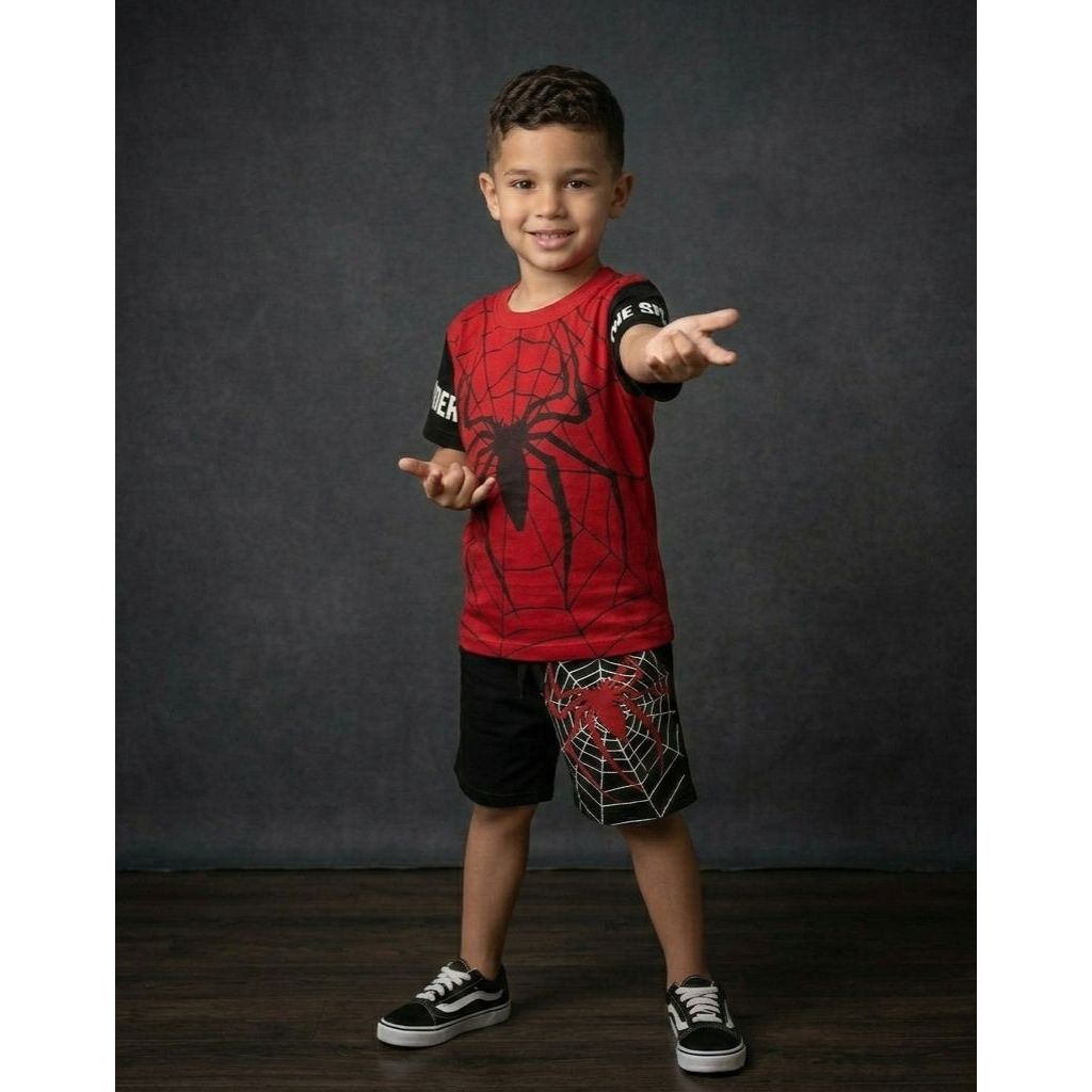 Conjunto Infantil Temático do Sonic e Homem Aranha Juvenil Estiloso Kit Camisa e Bermuda