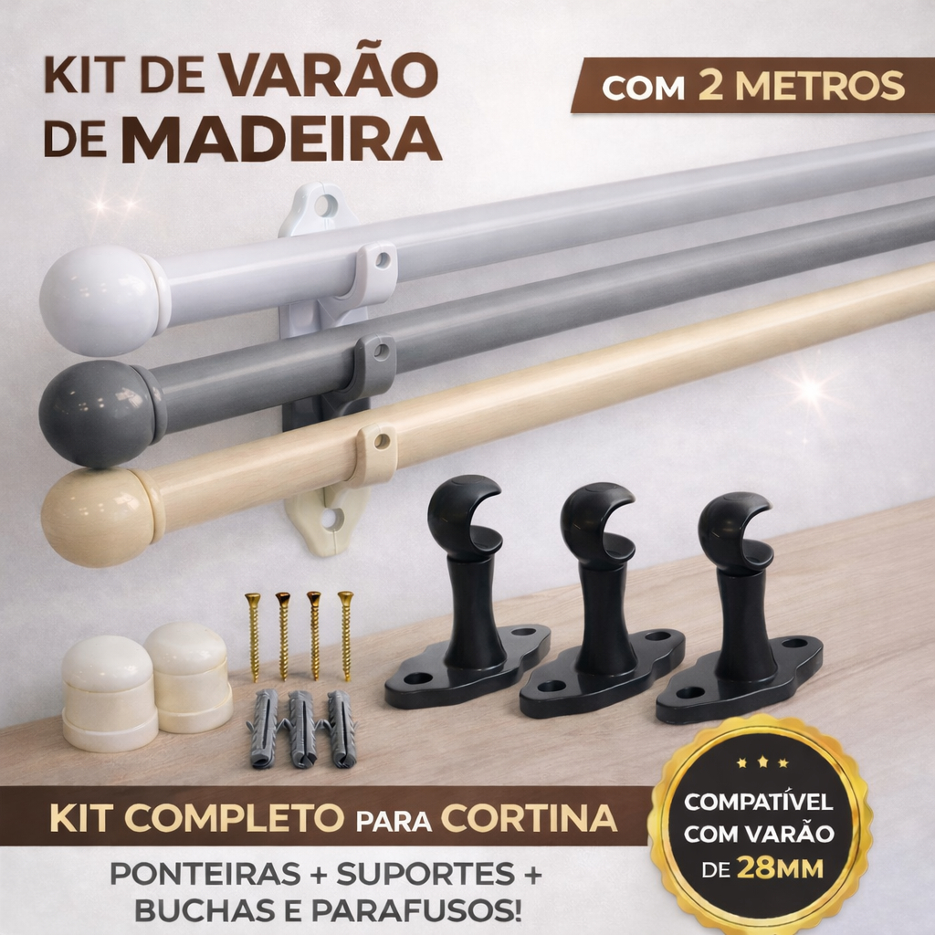 Varão Para Cortina de madeira 2,00 mts 19mm com todo kit para instalção madeira ecologioca em Oferta na Shopee