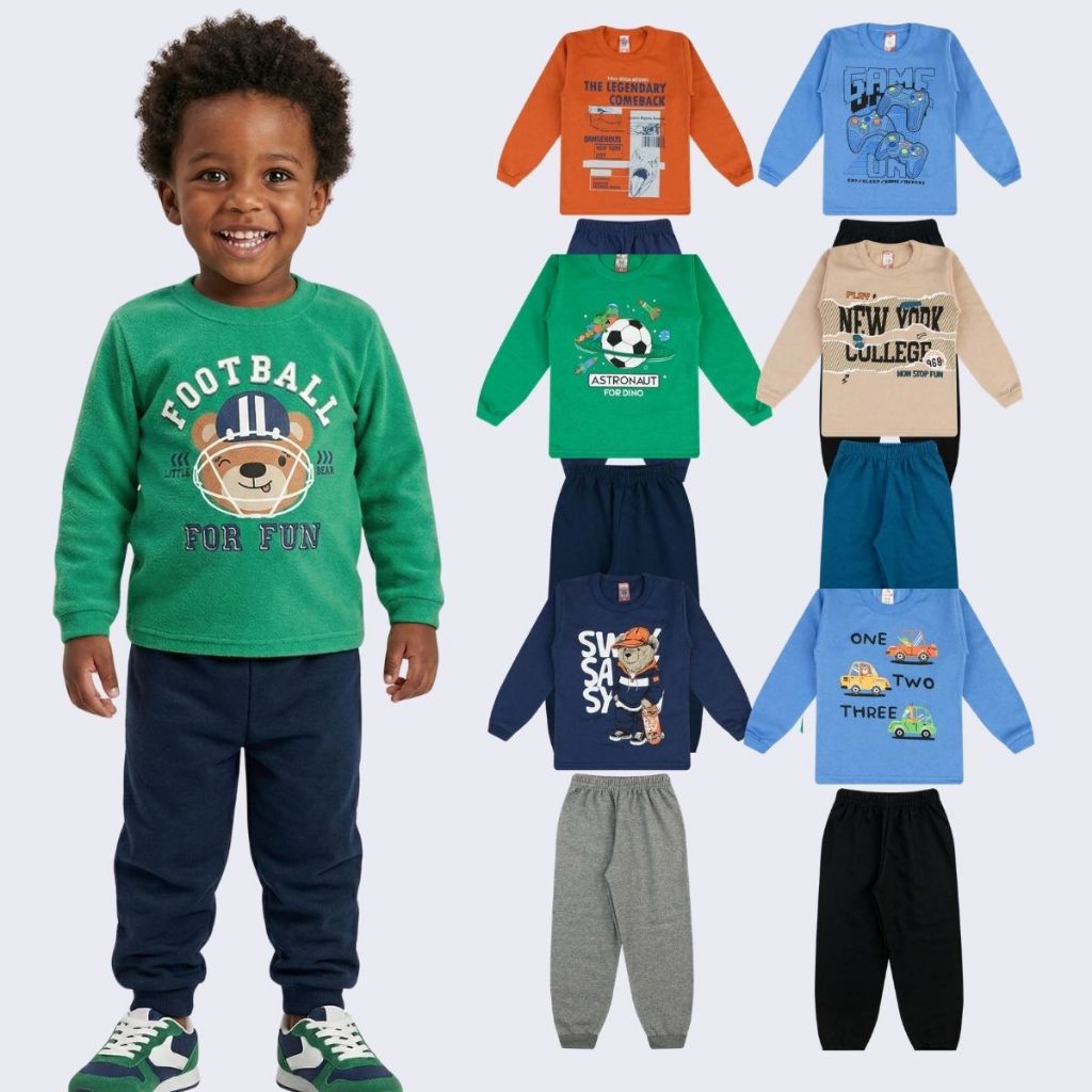05 Conjuntos Moletom Kit 10 Peças Infantil Menino Masculino Inverno Casaco + Calça Frio Bebe Frio