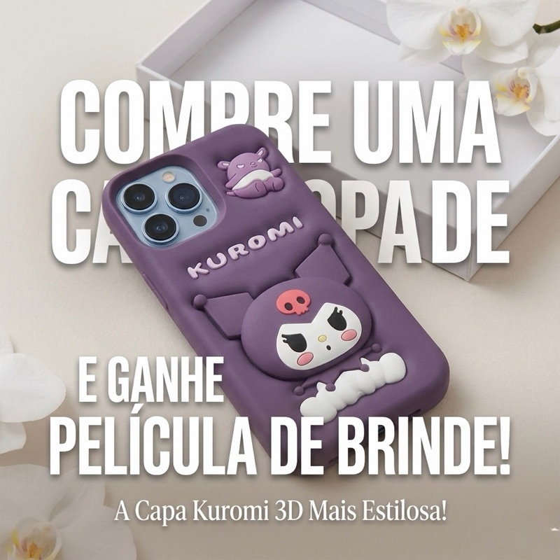 Capa + película de Celular Suporte Kuromi Hello Kitty Sanrio iPhone 7/8 Plus, XR, 11, 12, 13, 14, 15 Pro Max