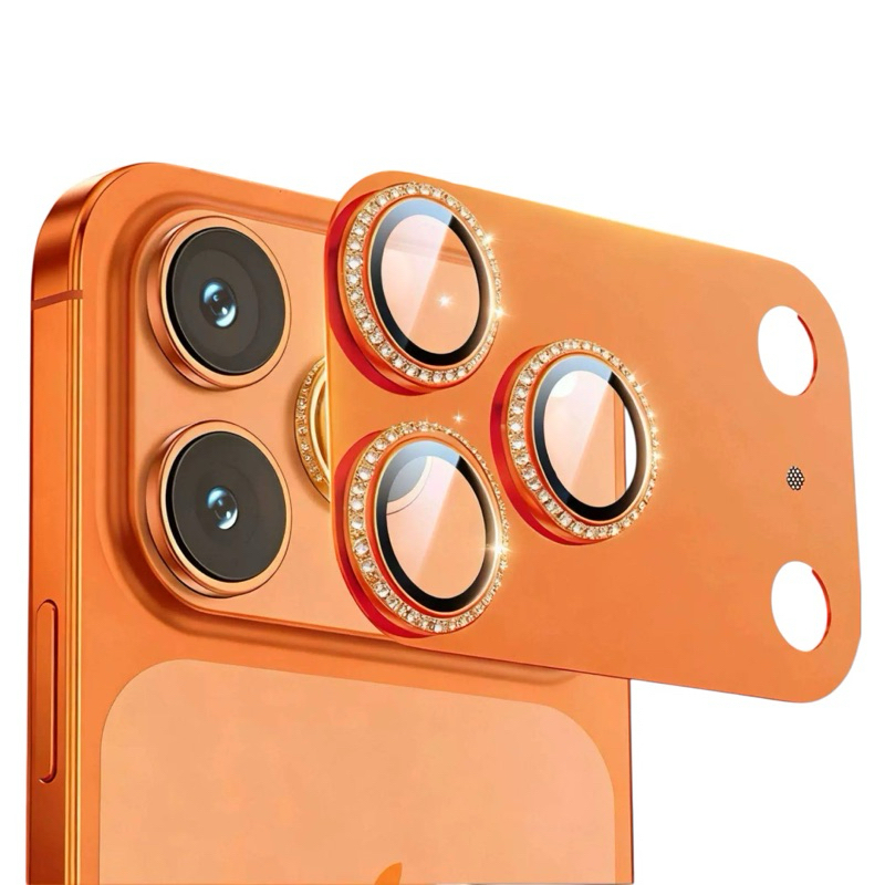 Película de Lente para iPhone com Moldura de Metal e Diamante – Proteção de Câmera HD Para 17 Pro Max