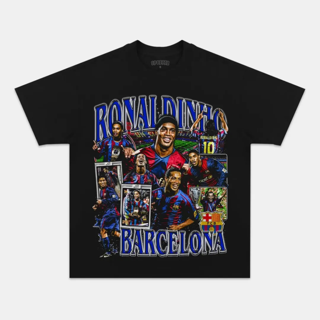 Camiseta T-shirt Básica e Oversized Algodão Premium Graphic Tee Ronaldinho Barcelona Legend Futebol