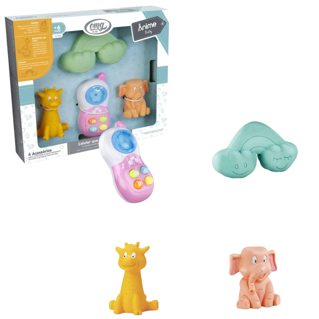 Kit Celular Musical Com Melodias e Botões Interativos e Mordedores em Vinil Macio De Animais Ideal Para Crianças e Bebês